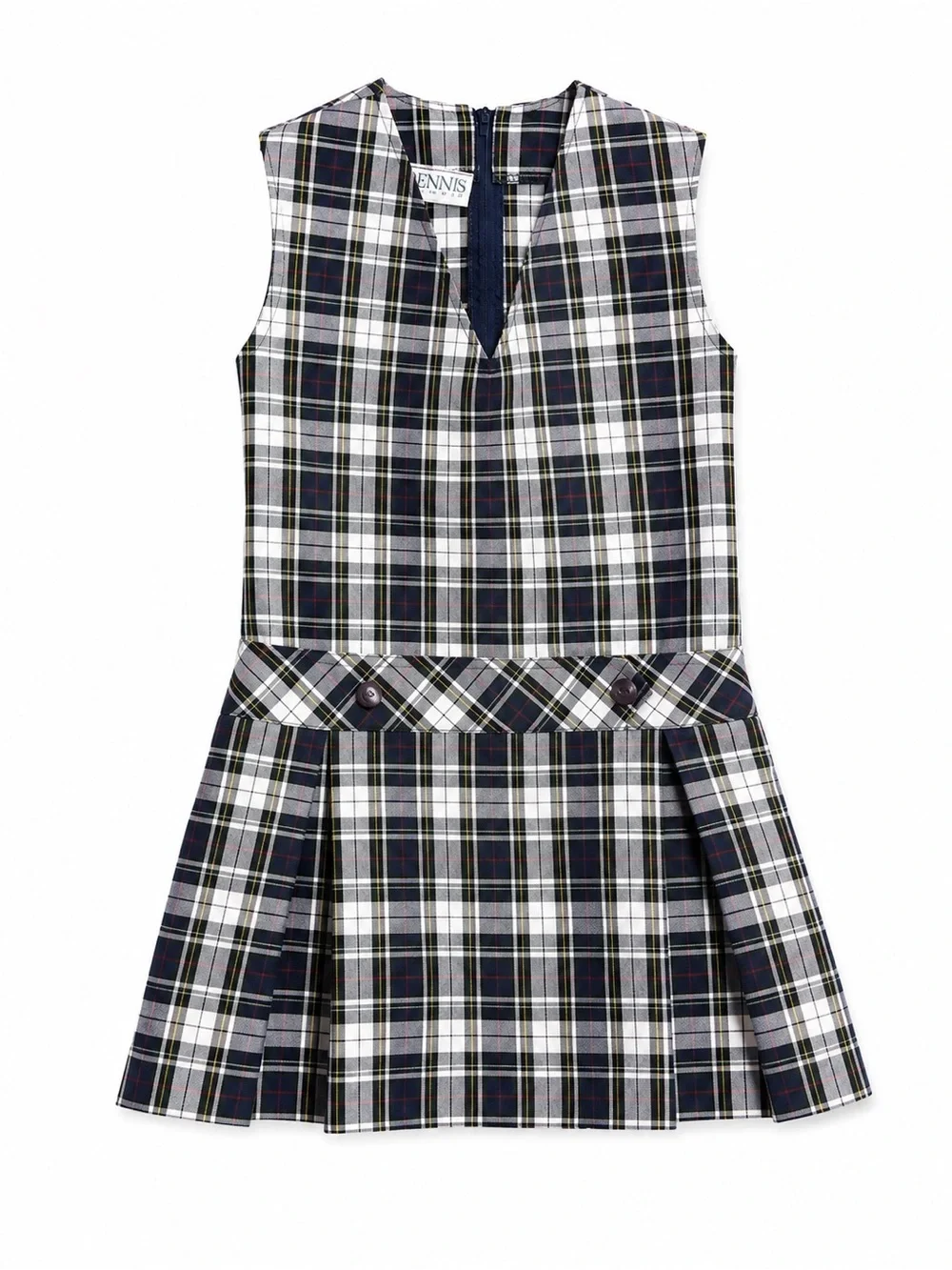 Jenni Navy and White Plaid Sleeveless School Dress with Button Waist